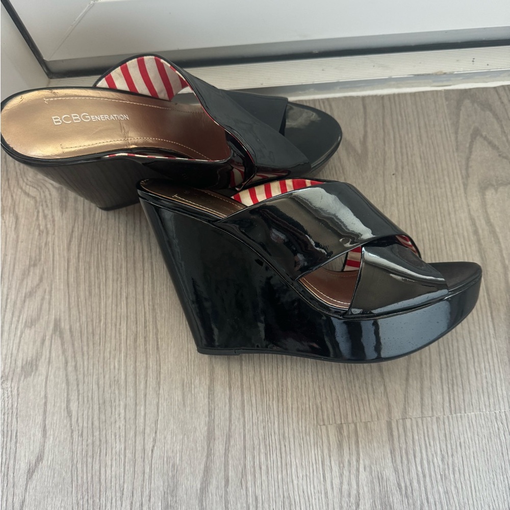 BCBG Black Patent Leather Wedge Sandals